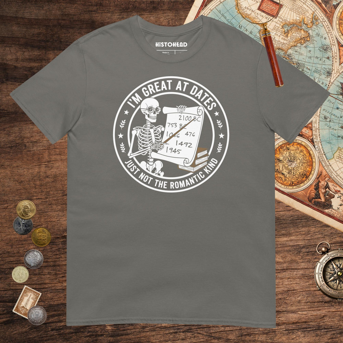 Charcoal Great At Dates Tee - history buff gift by HistoHead
