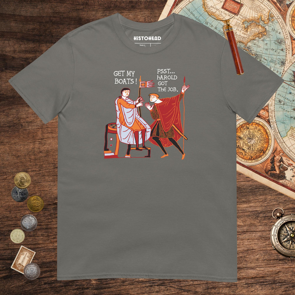 Charcoal Bayeux Tapestry Harold Got the Job Tee - history buff gift by HistoHead