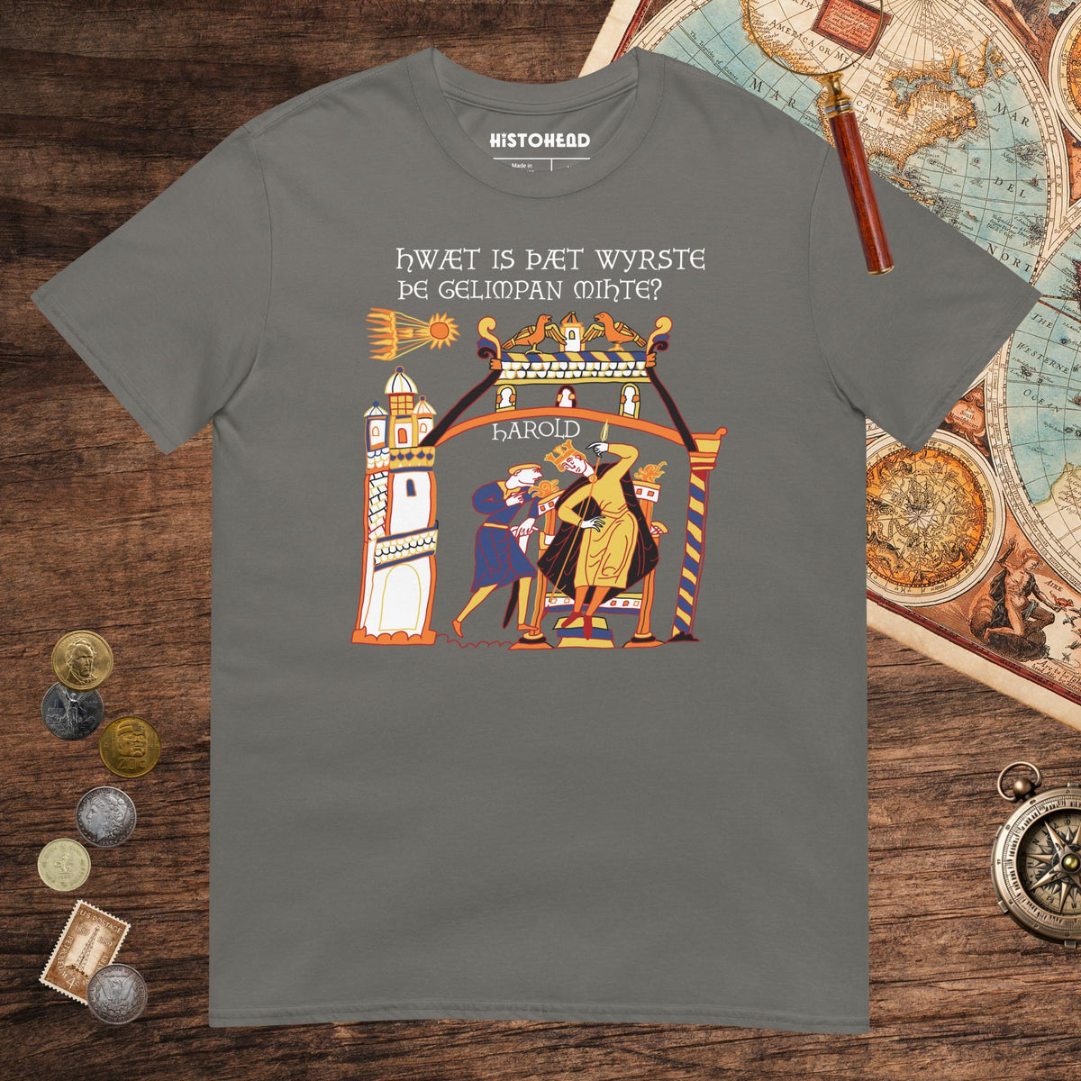 Charcoal Bayeux Tapestry What's the Worst That Could Happen in Old English Tee - history buff gift by HistoHead