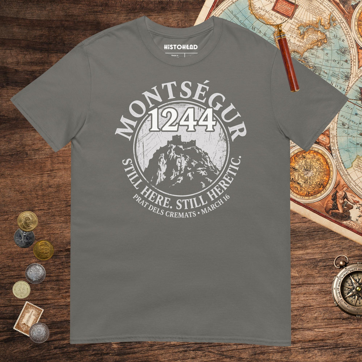 Charcoal Montségur 1244 Still Here Still Heretic Tee - history buff gift by HistoHead