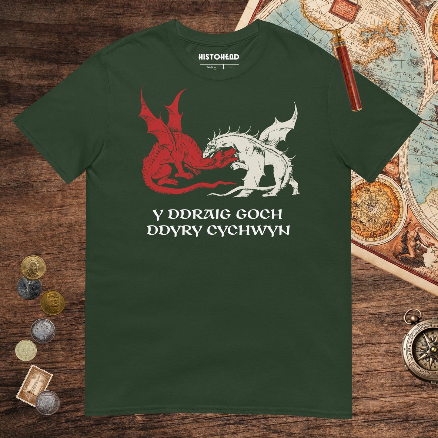 Forest Green Red Dragon Prophecy Tee - history buff gift by HistoHead