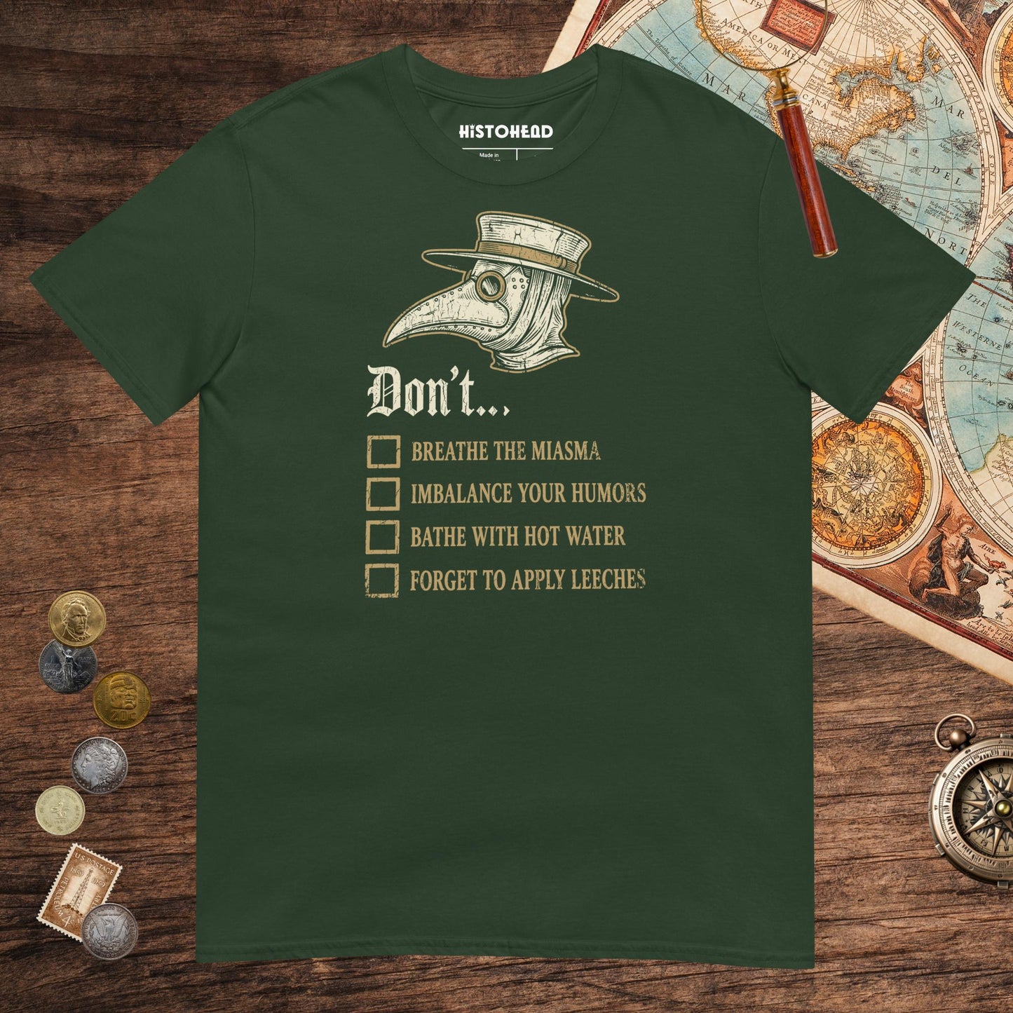 Forest Green Plague Doctor Advice Tee - history buff gift by HistoHead