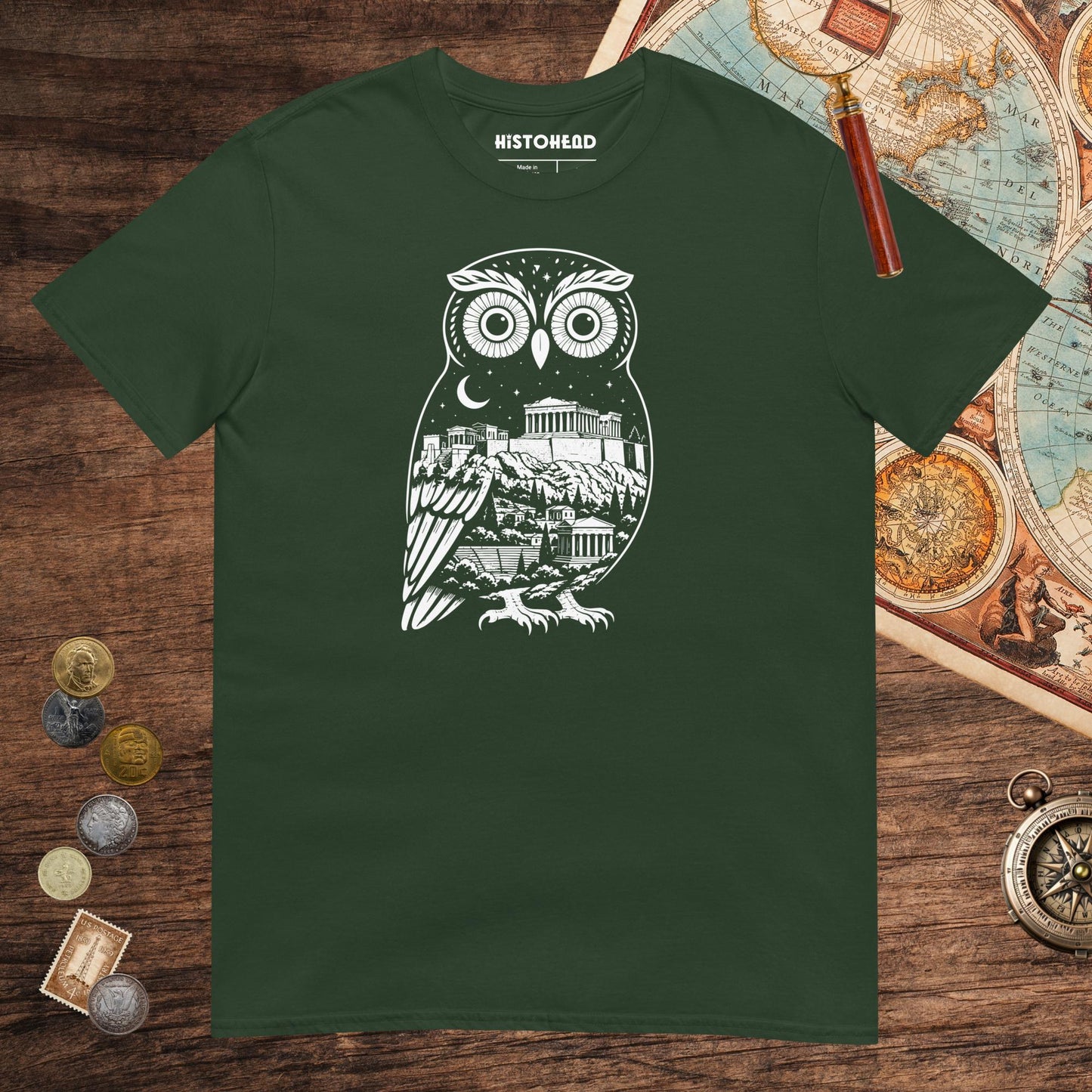 Forest Green Athena Owl Tee - history buff gift by HistoHead