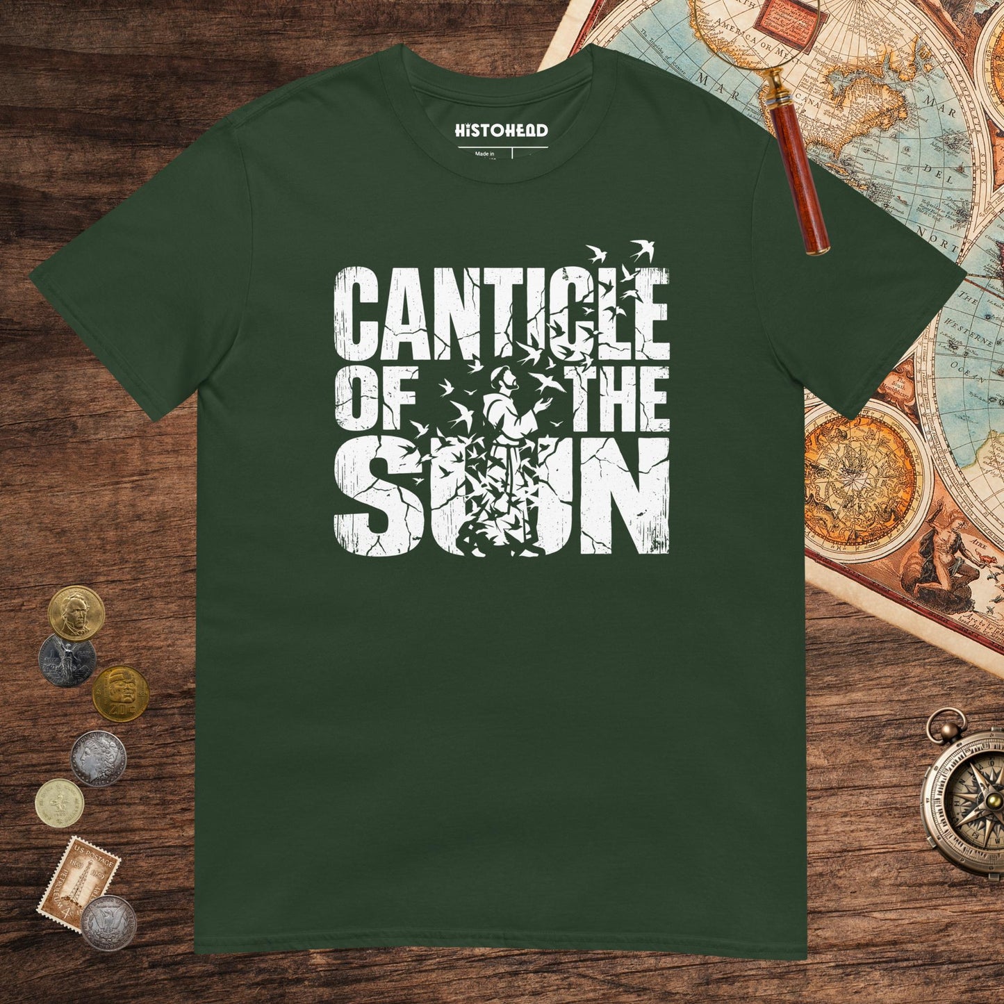 Forest Green Canticle of the Sun Saint Francis of Assisi Birds Tee - history buff gift by HistoHead