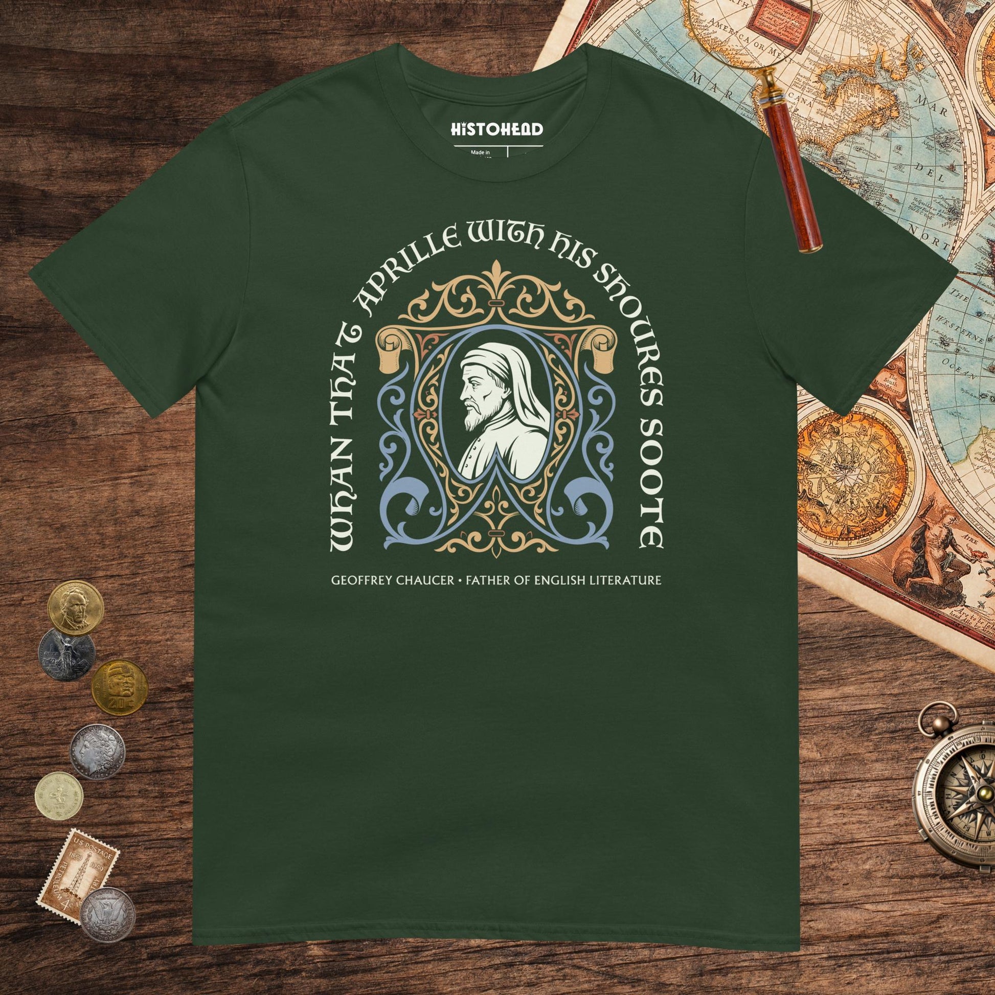Forest Green Geoffrey Chaucer Tee - history buff gift by HistoHead
