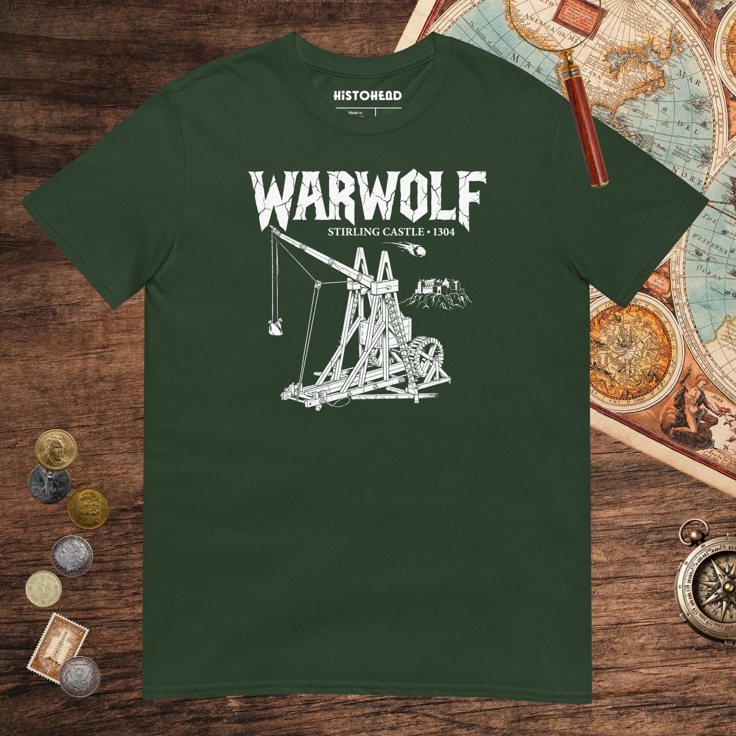 Forest Green Warwolf Trebuchet Tee - history buff gift by HistoHead