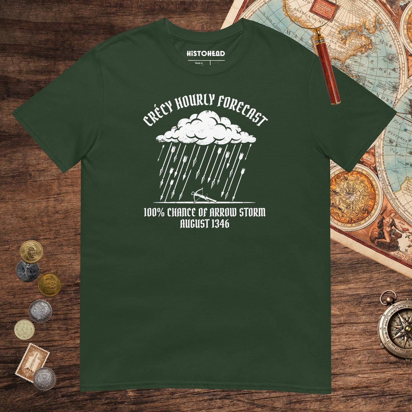 Forest Green Crecy Arrow Storm Forecast Tee - history buff gift by HistoHead