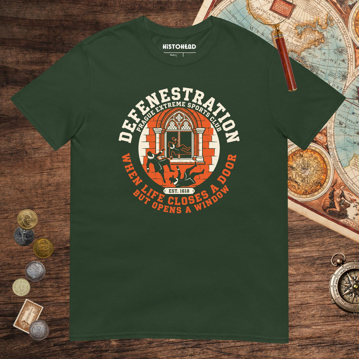 Forest Green Defenestration Prague Extreme Sports Club Tee - history buff gift by HistoHead