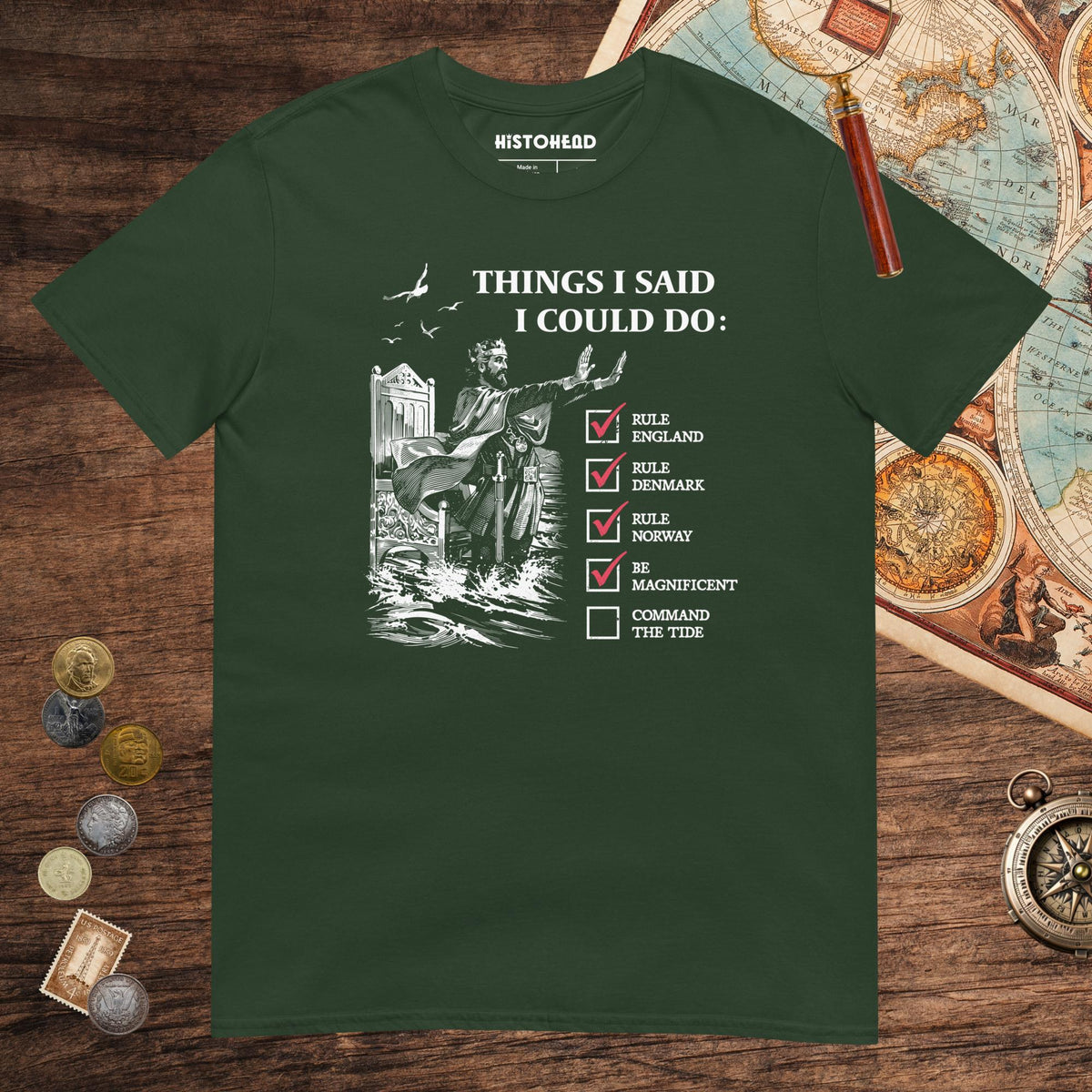 Forest Green Cnut the Great Commanding the Tide Tee - history buff gift by HistoHead