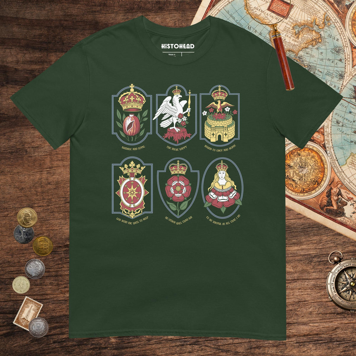 Forest Green Six Wives Badges Tee - history buff gift by HistoHead