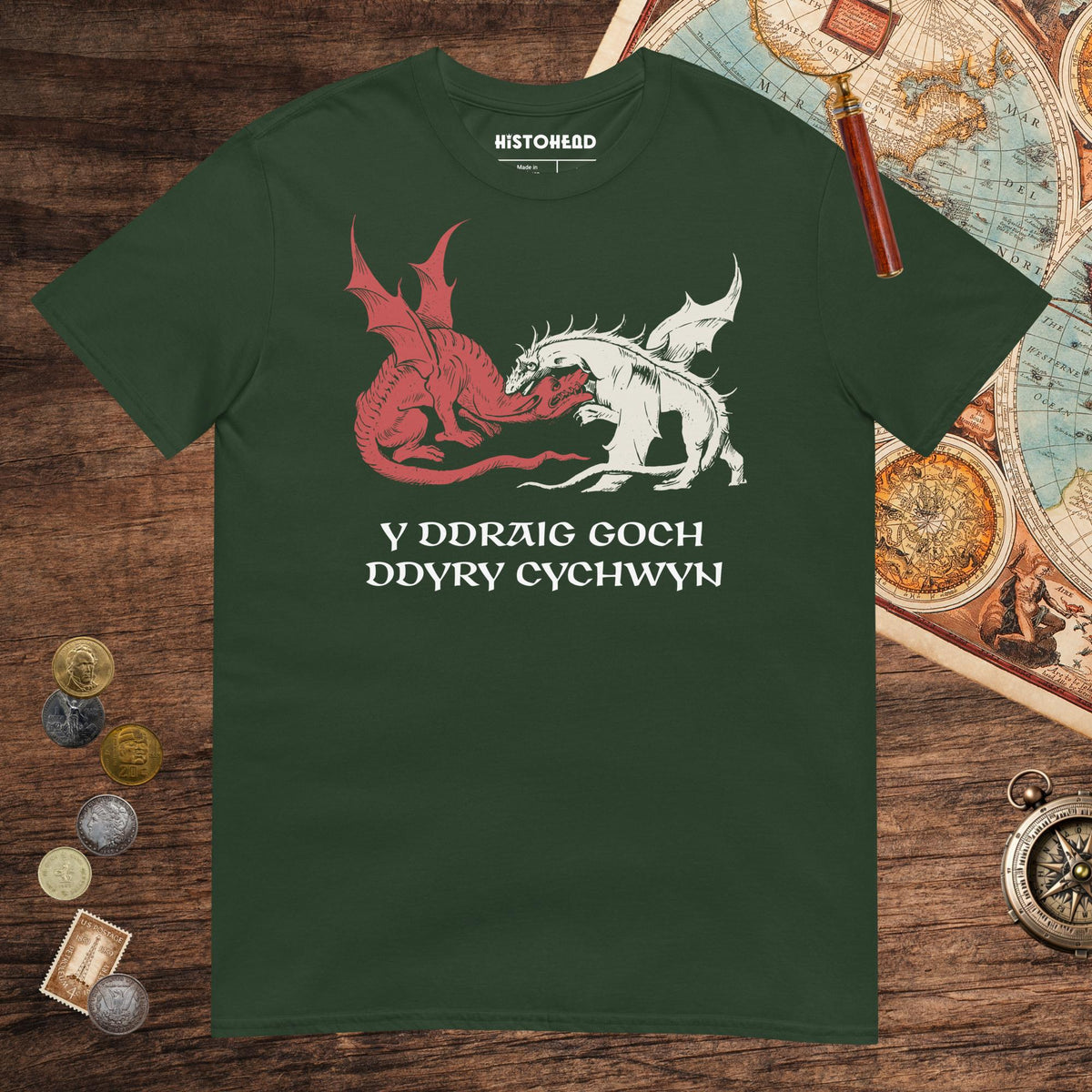 Forest Green Red Dragon Prophecy Tee - history buff gift by HistoHead