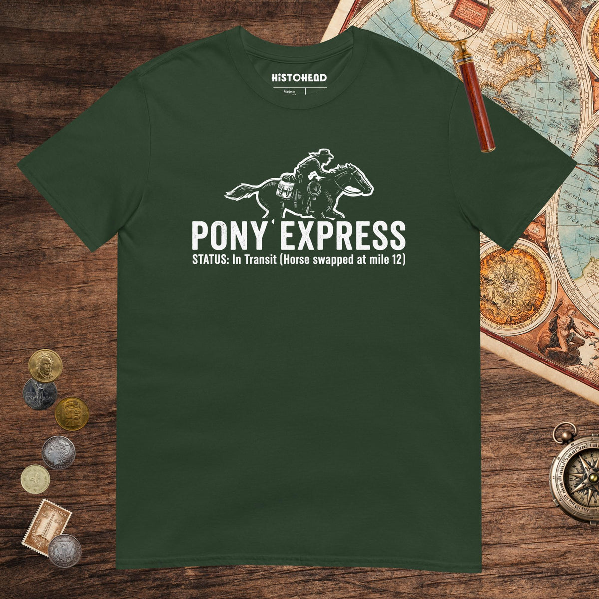 Forest Green Pony Express Tee - history buff gift by HistoHead