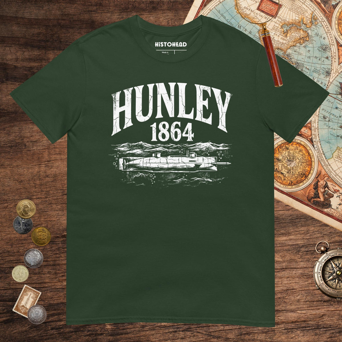Forest Green Hunley Submarine Tee - history buff gift by HistoHead