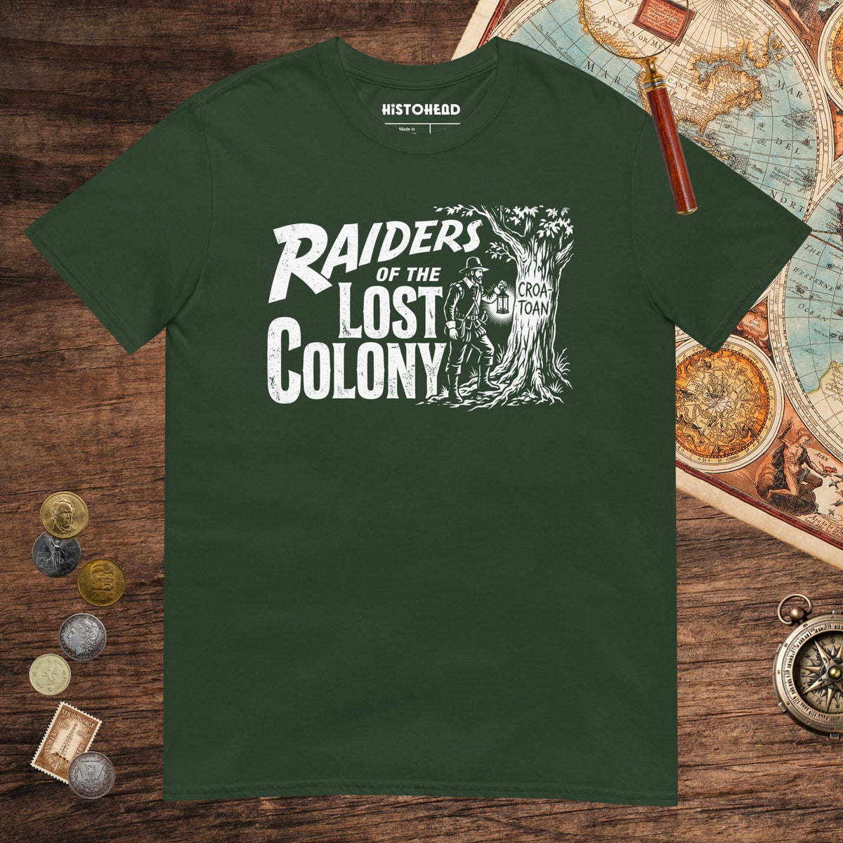 Forest Green Raiders of the Lost Colony Tee - history buff gift by HistoHead