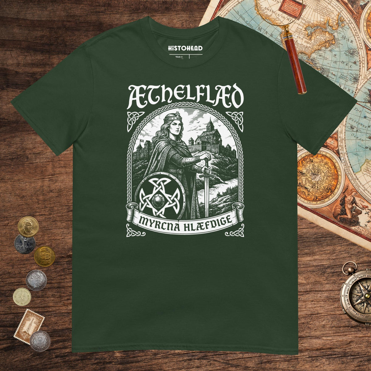 Forest Green Aethelflaed Lady of the Mercians Old English Tee - history buff gift by HistoHead