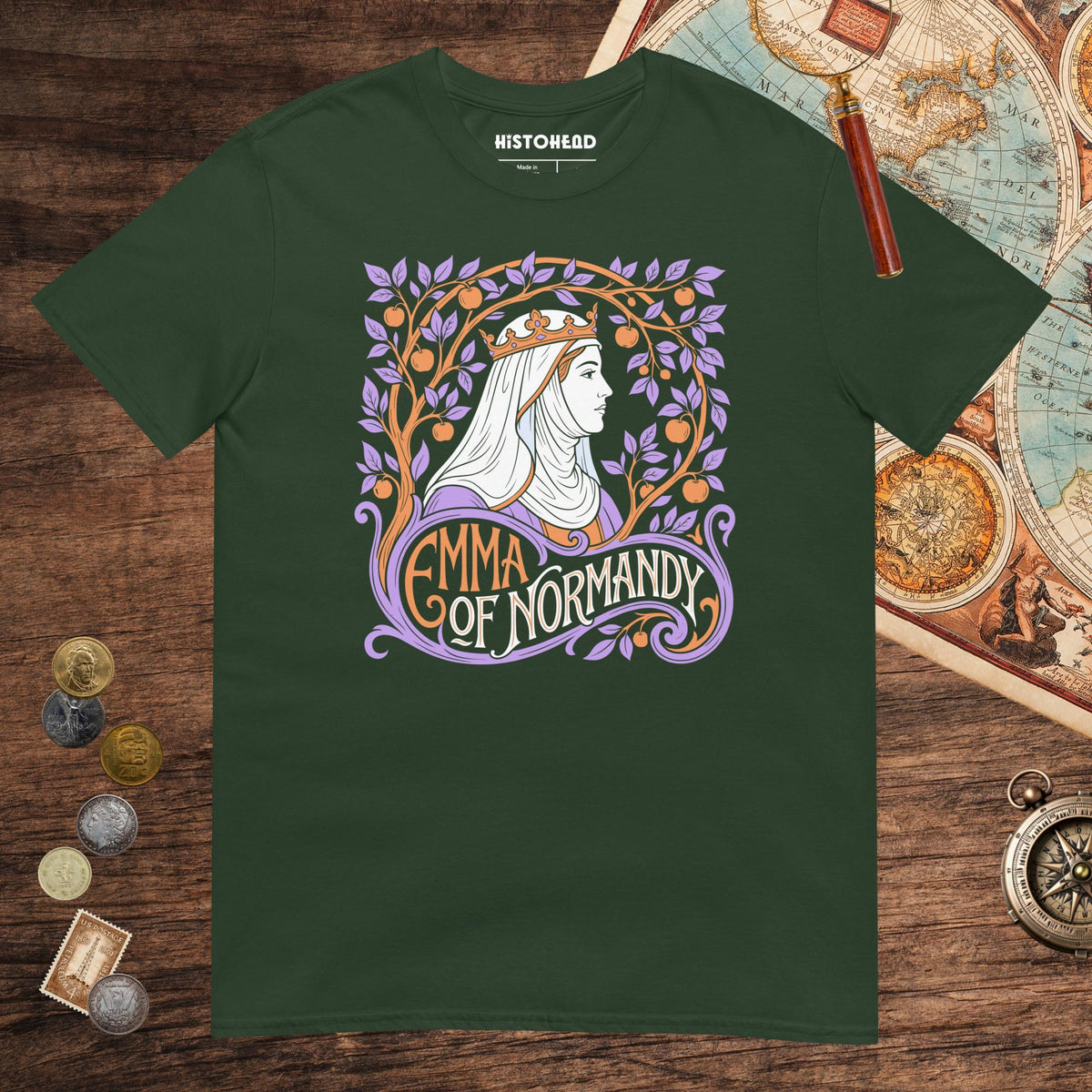 Forest Green Emma Of Normandy Tee - history buff gift by HistoHead