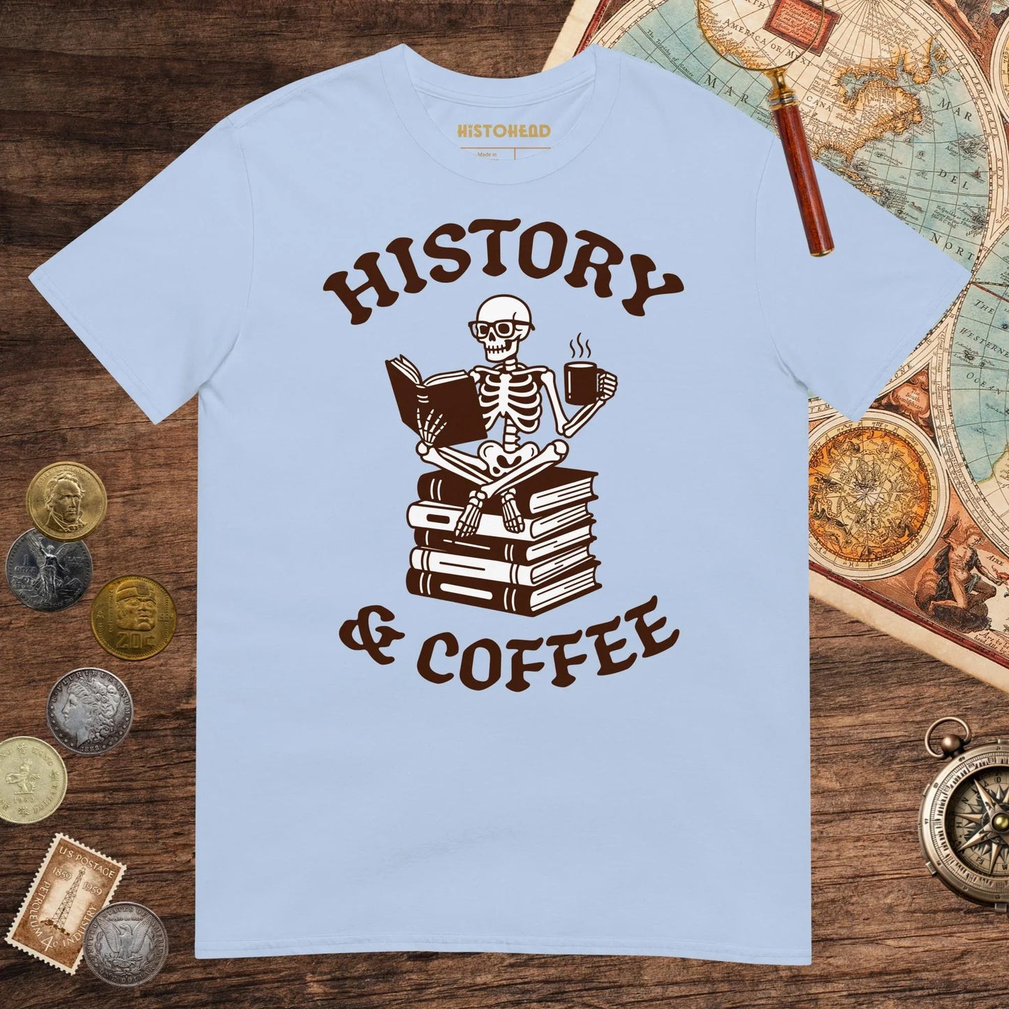 Light Blue History & Coffee Tee - history buff gift by HistoHead