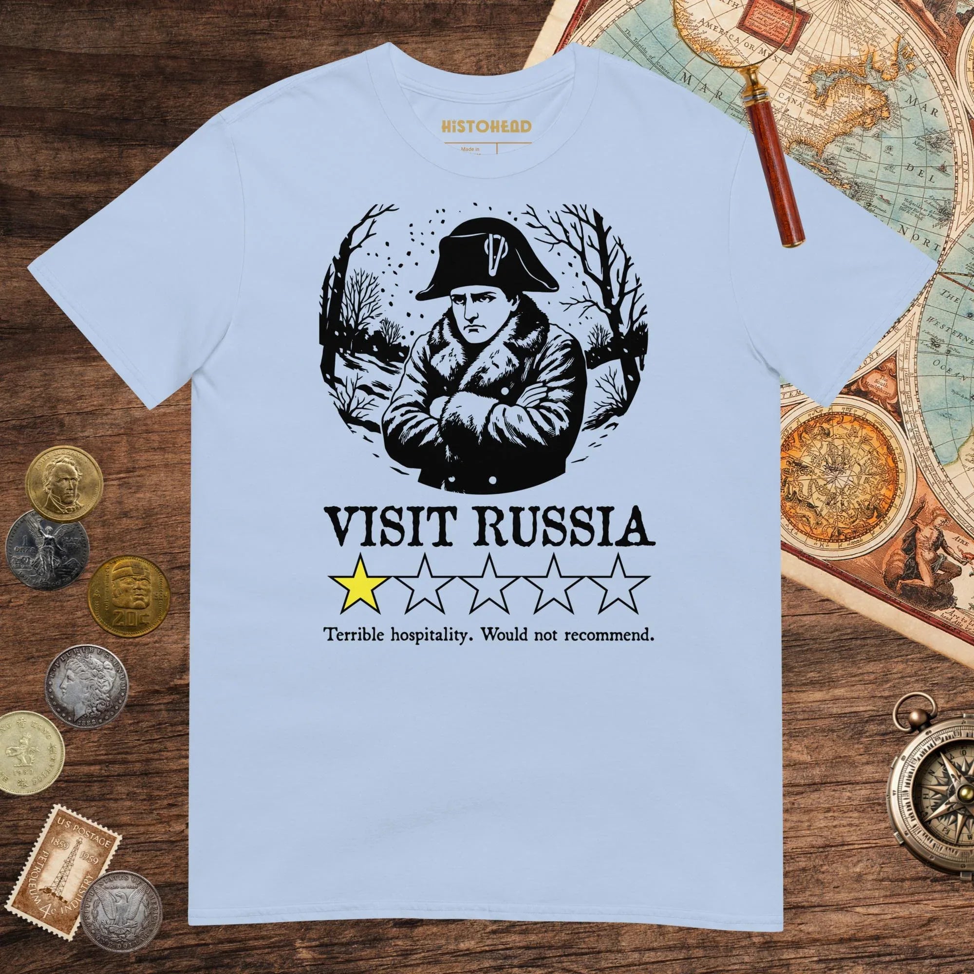 Light Blue Napoleon Visit Russia Review Tee - history buff gift by HistoHead
