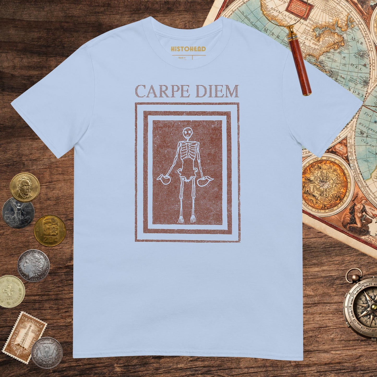 Light Blue Carpe Diem Skeleton Tee - history buff gift by HistoHead