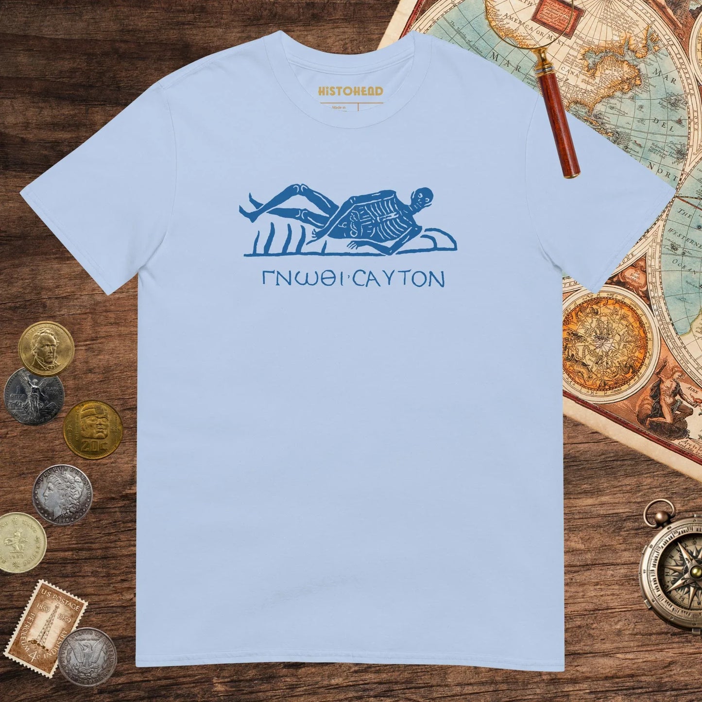 Light Blue Know Thyself Skeleton Tee - history buff gift by HistoHead