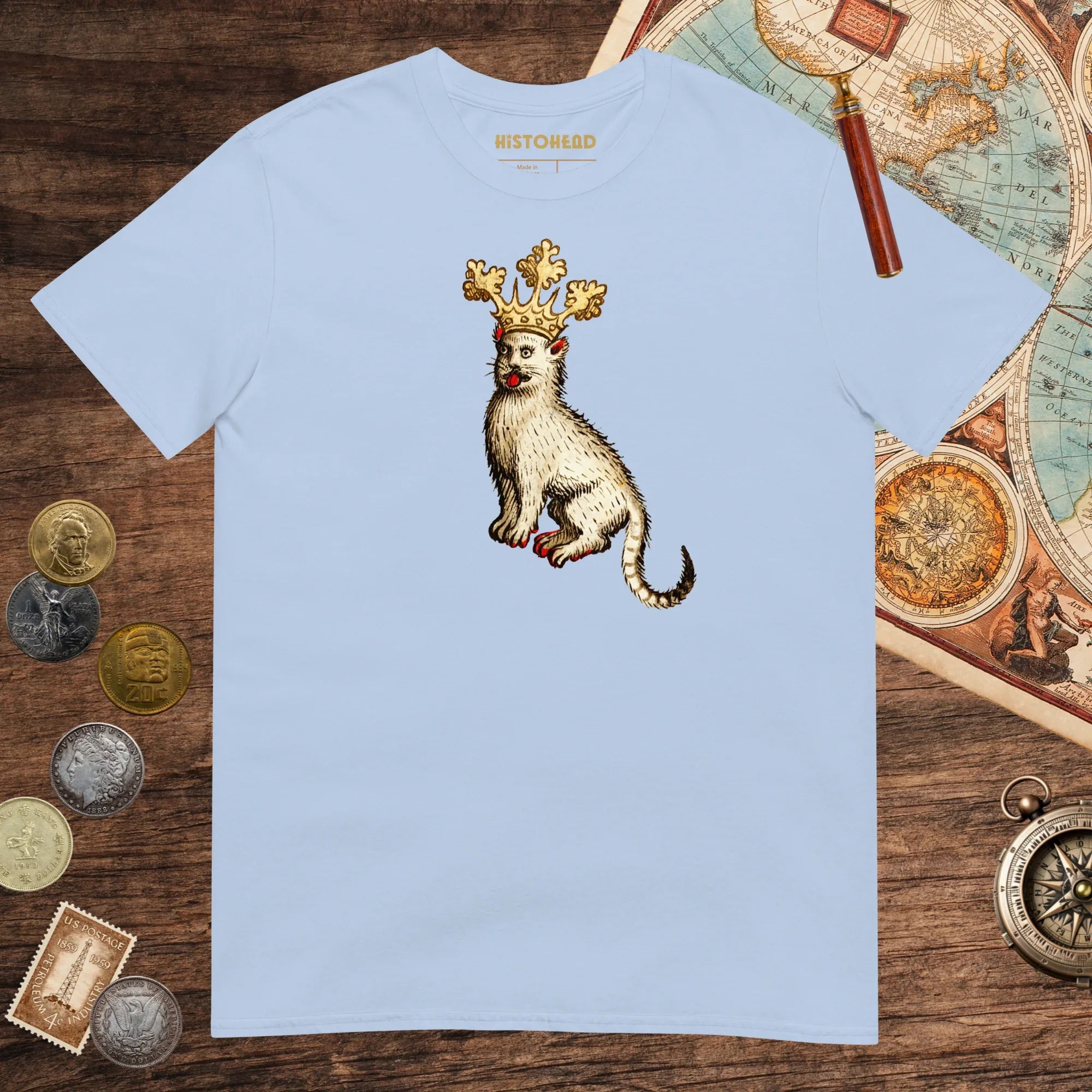 Light Blue Medieval Cat King Tee - history buff gift by HistoHead