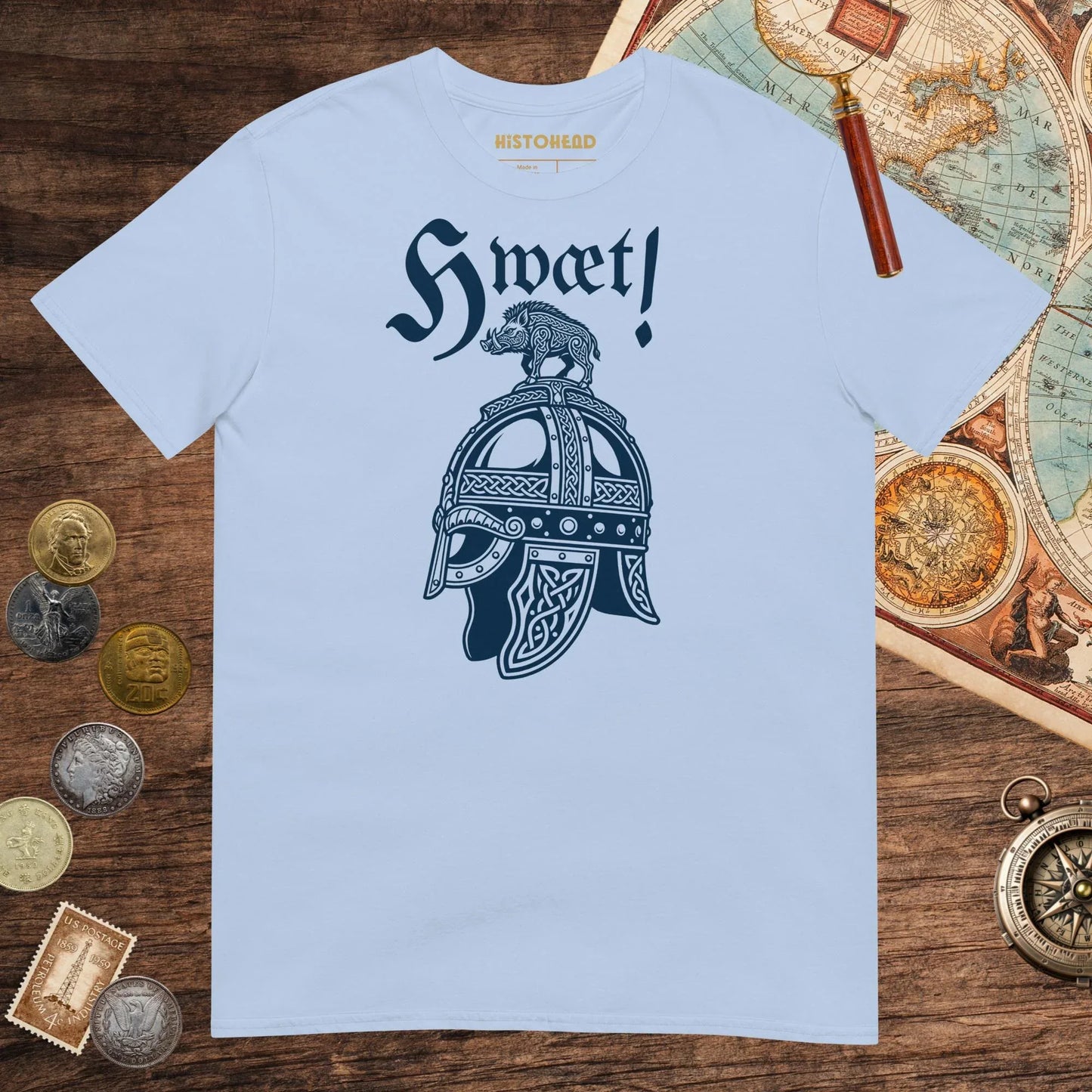 Light Blue Hwæt Boar-Crested Helmet Tee - history buff gift by HistoHead