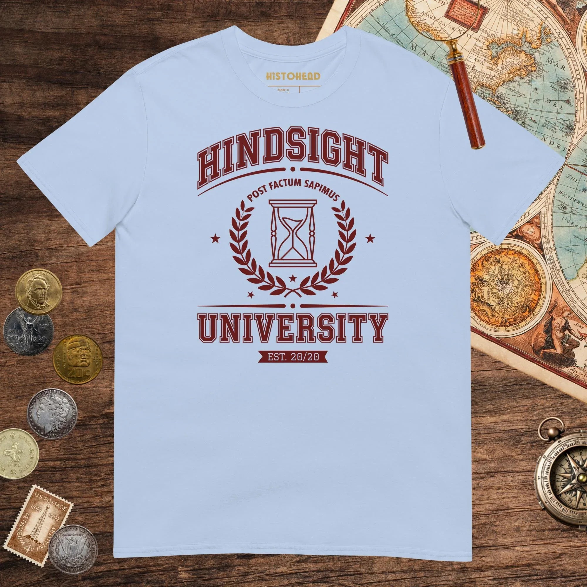 Light Blue Hindsight University Tee - history buff gift by HistoHead