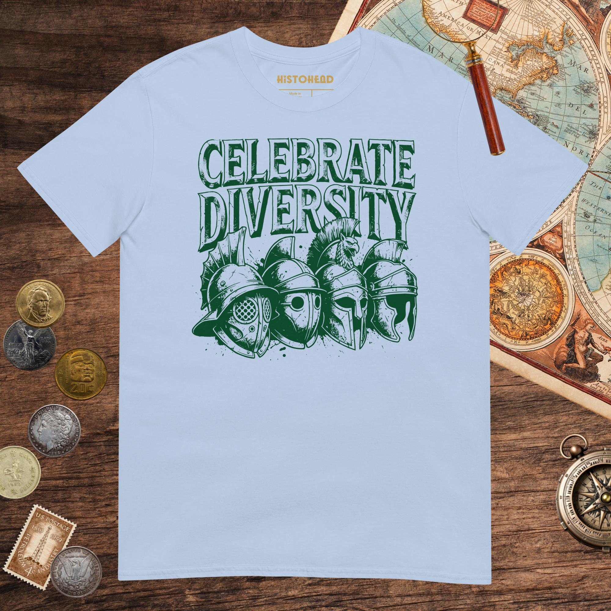 Light Blue Celebrate Diversity Gladiator Helmets Edition Tee - history buff gift by HistoHead