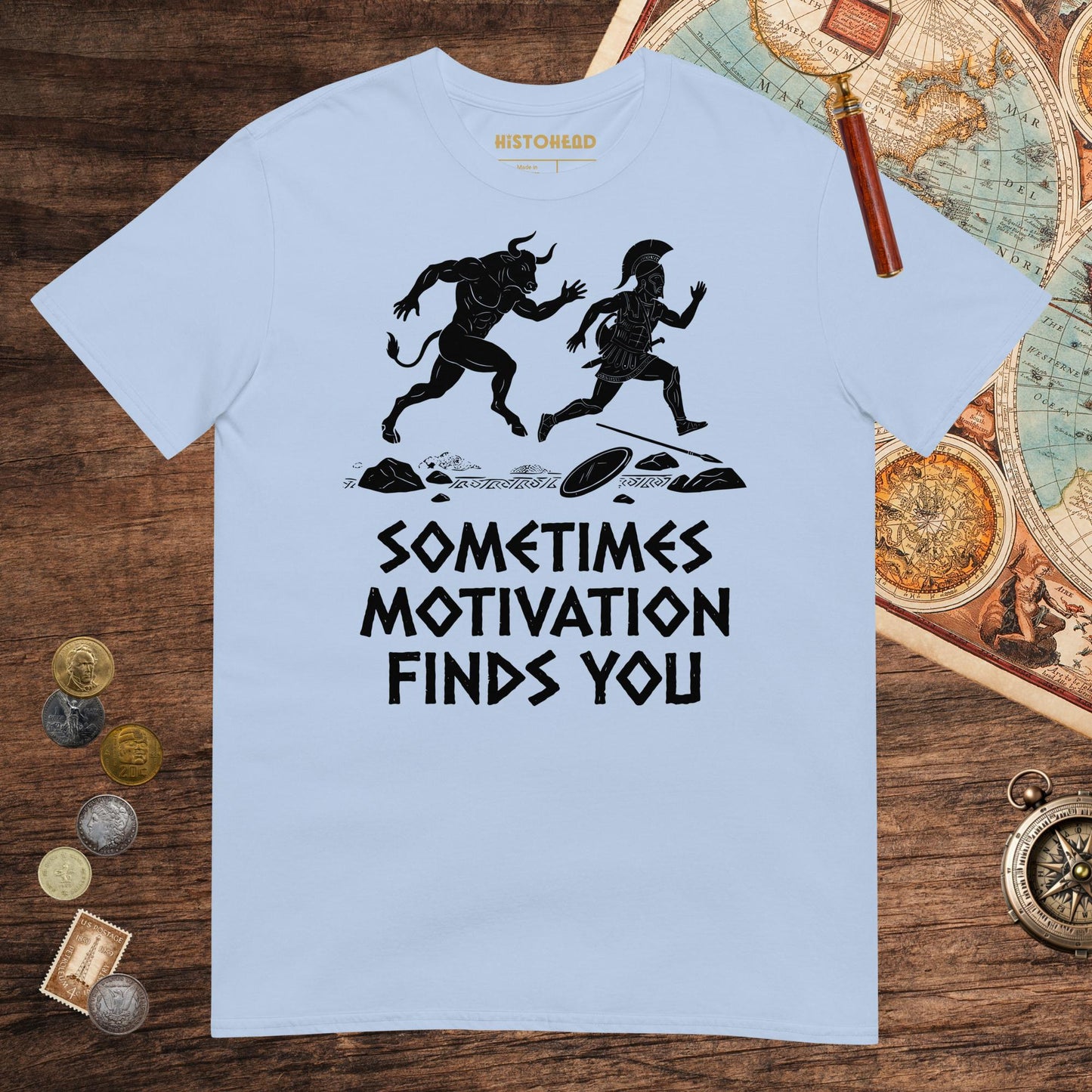 Light Blue Motivation Finds You Minotaur Edition Tee - history buff gift by HistoHead