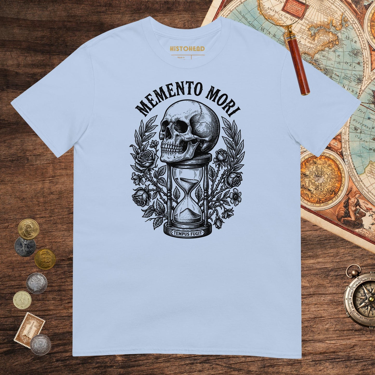 Light Blue Memento Mori Tempus Fugit Tee - history buff gift by HistoHead