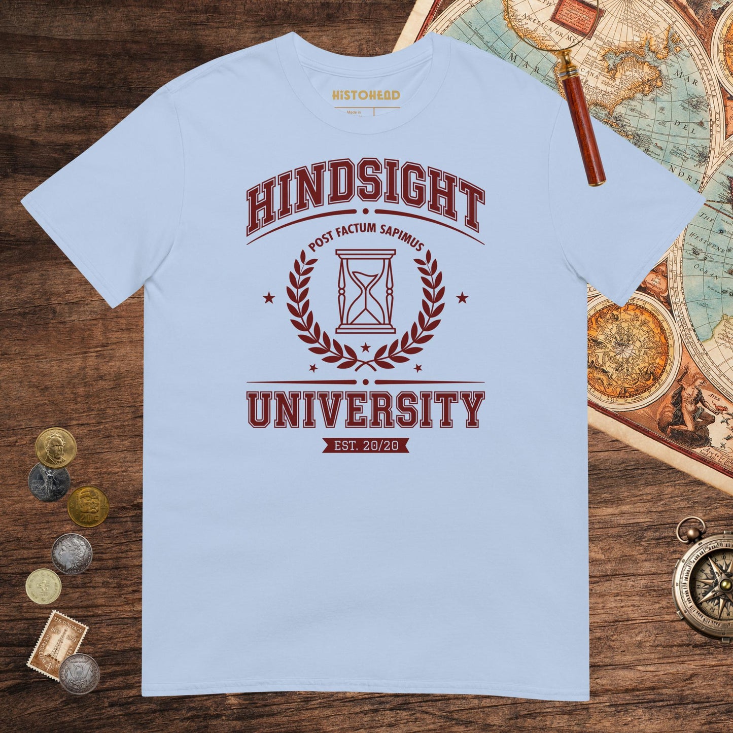 Light Blue Hindsight University Tee - history buff gift by HistoHead
