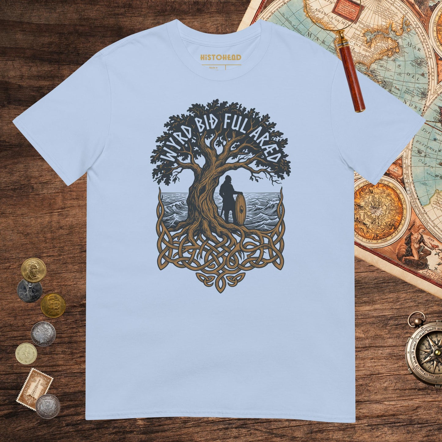 Light Blue Old English Fate Is Inexorable Tee - history buff gift by HistoHead