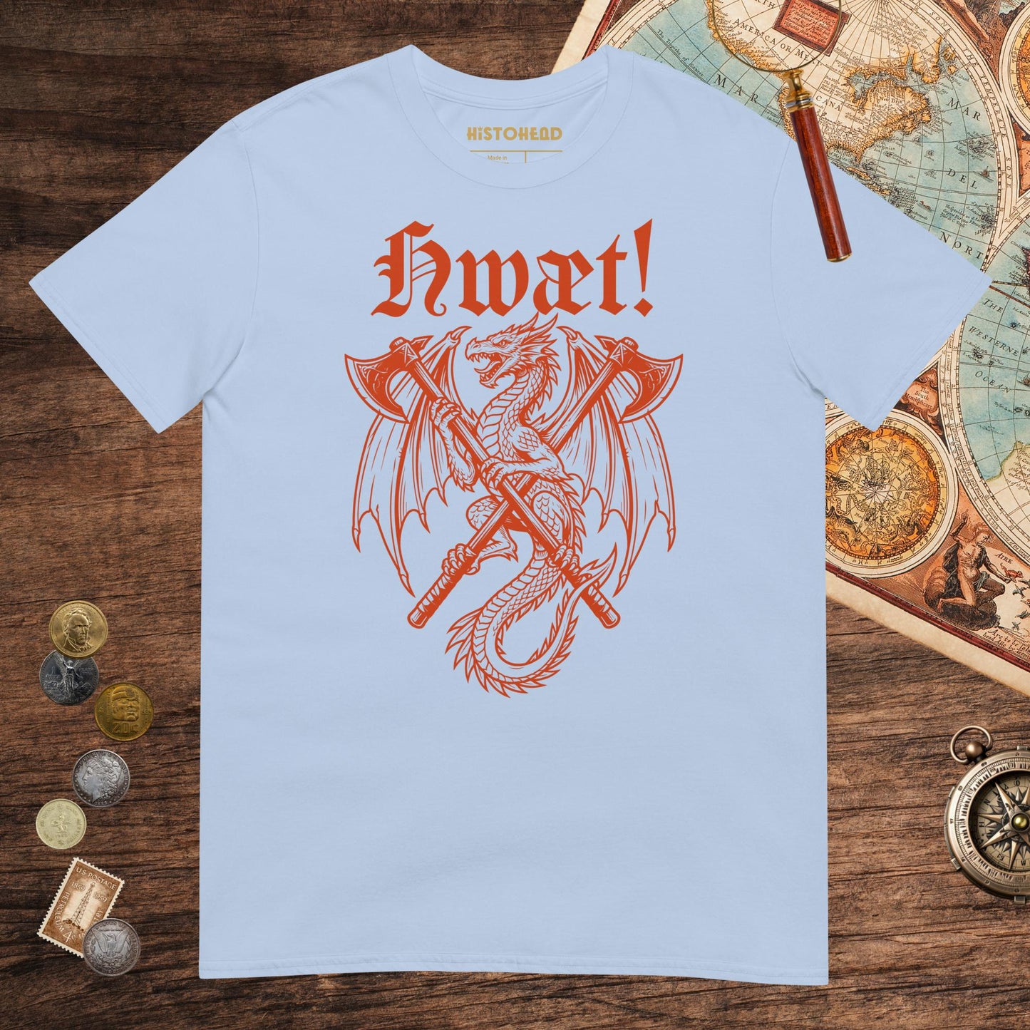 Light Blue Hwæt Dragon Axe Tee - history buff gift by HistoHead