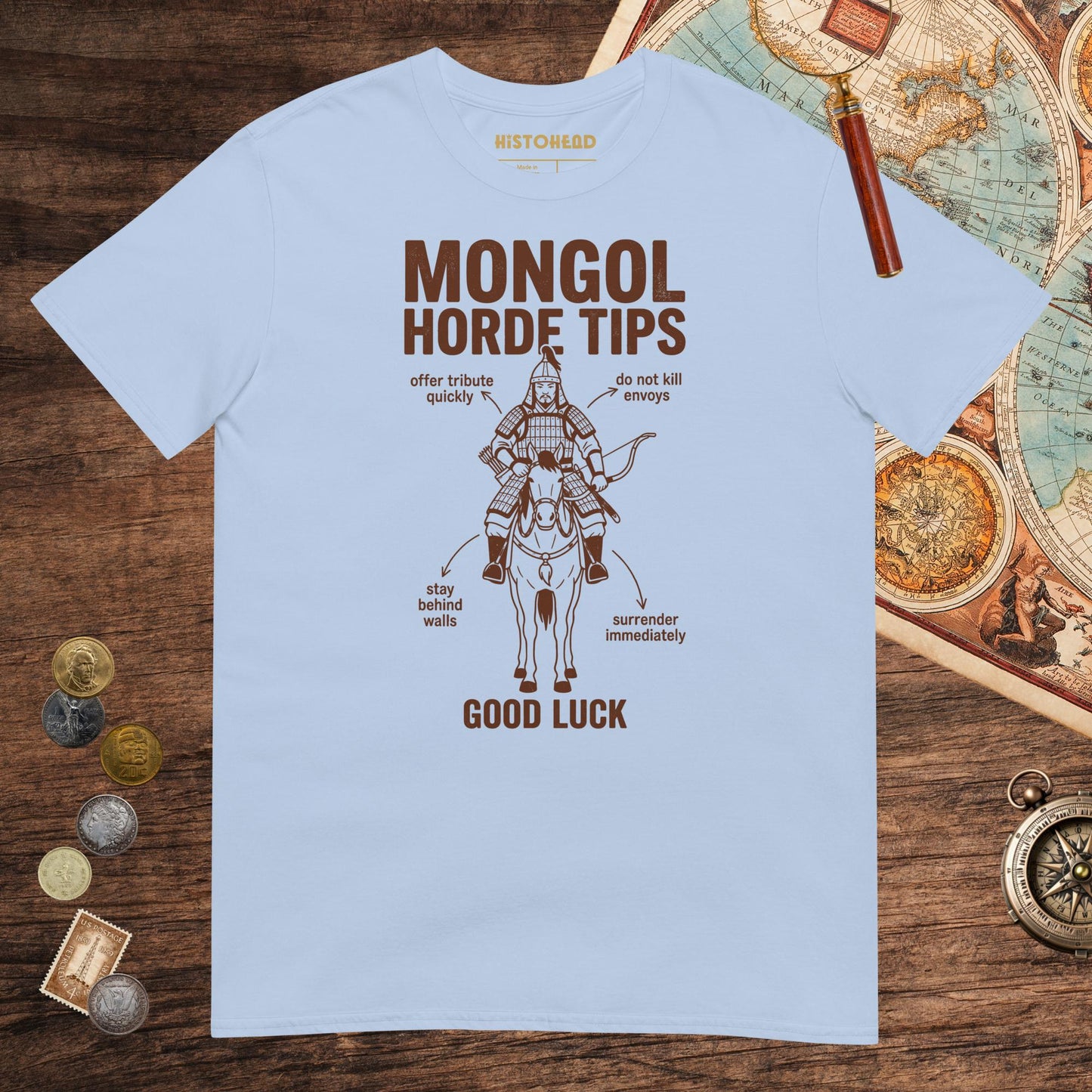 Light Blue Mongol Horde Tips Tee - history buff gift by HistoHead