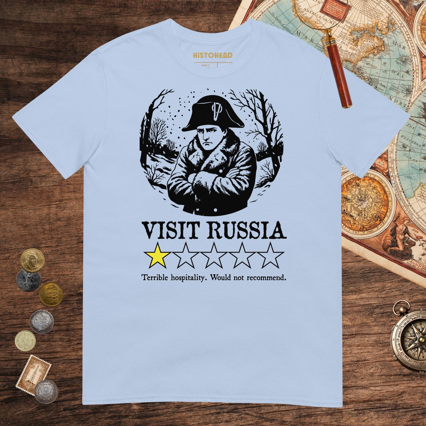 Light Blue Napoleon Visit Russia Review Tee - history buff gift by HistoHead