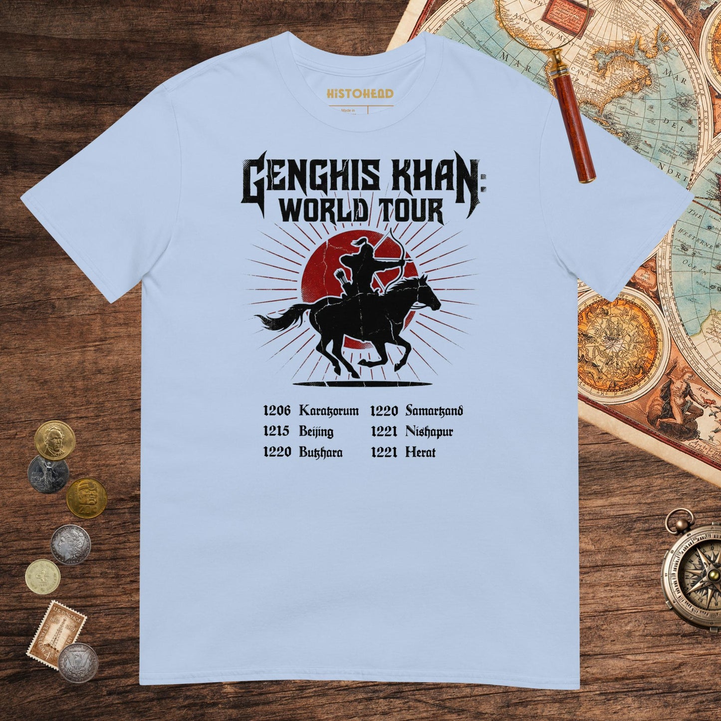 Light Blue Genghis Khan World Tour Tee - history buff gift by HistoHead