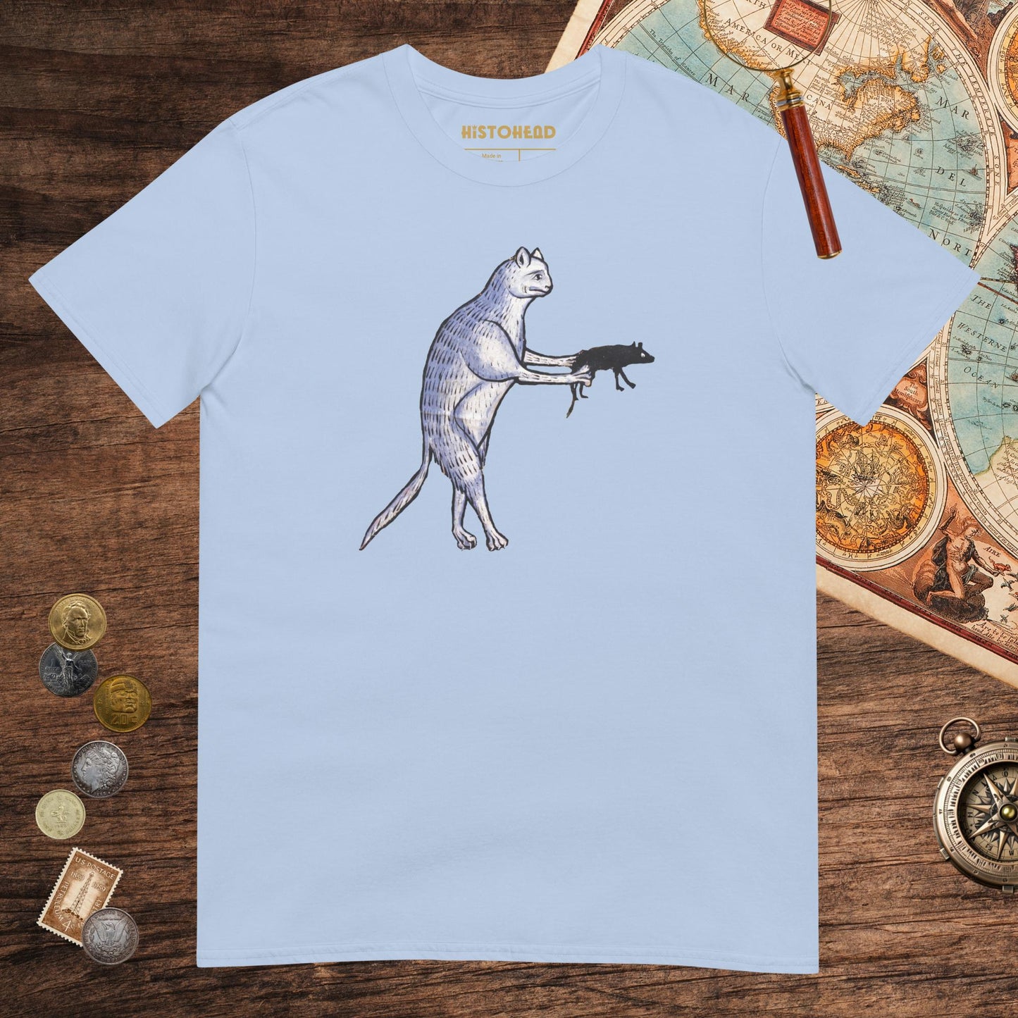 Light Blue Weird Medieval Cat's Mouse-Gun Tee - history buff gift by HistoHead