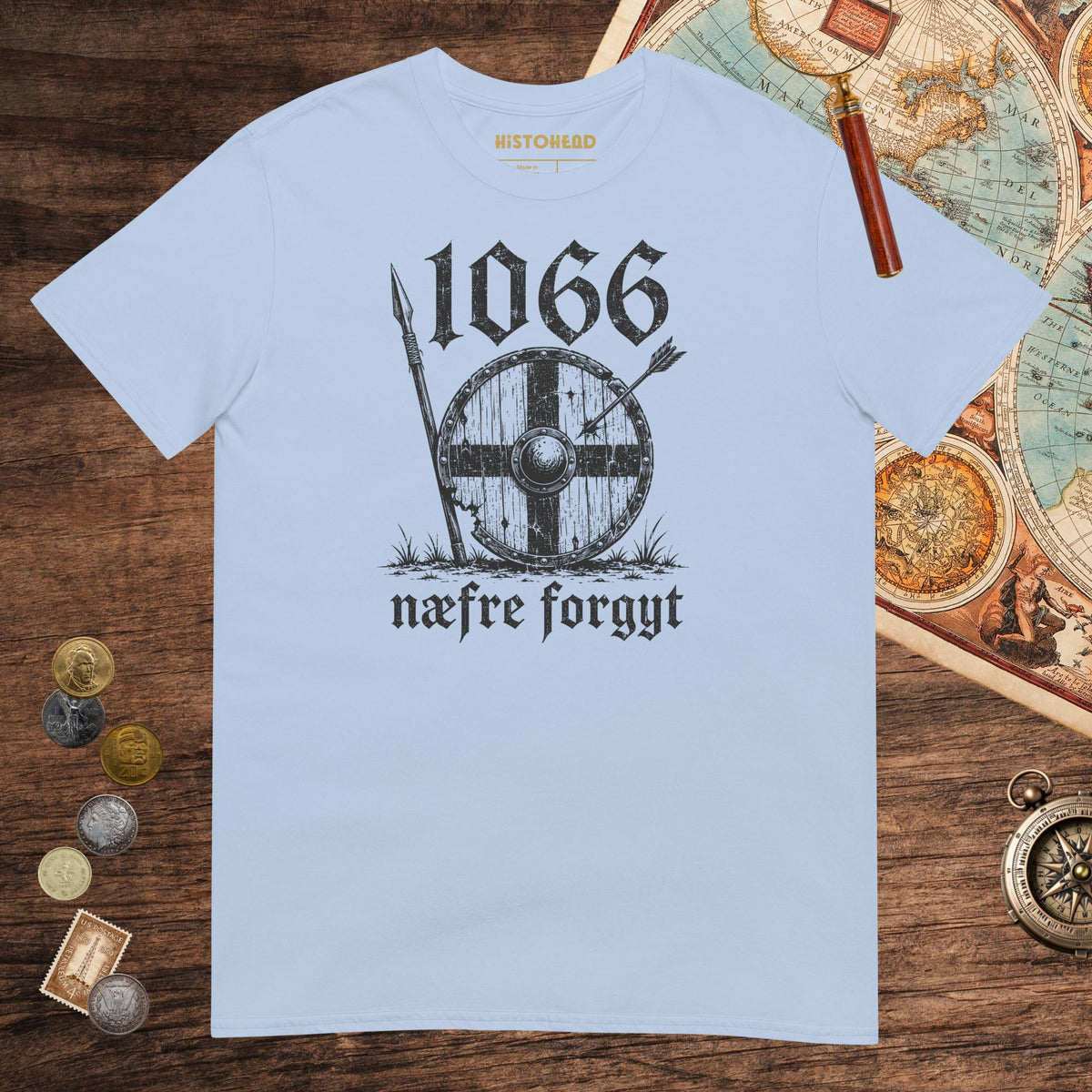 Light Blue 1066 Never Forget in Old English Tee - history buff gift by HistoHead
