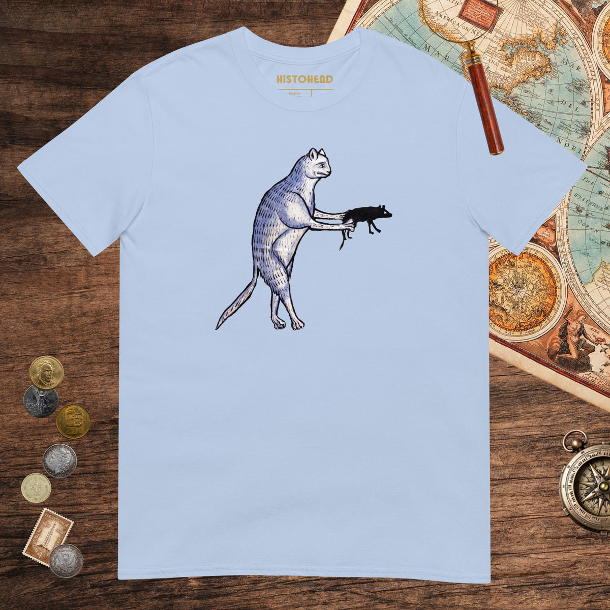 Light Blue Weird Medieval Cat's Mouse-Gun Tee - history buff gift by HistoHead