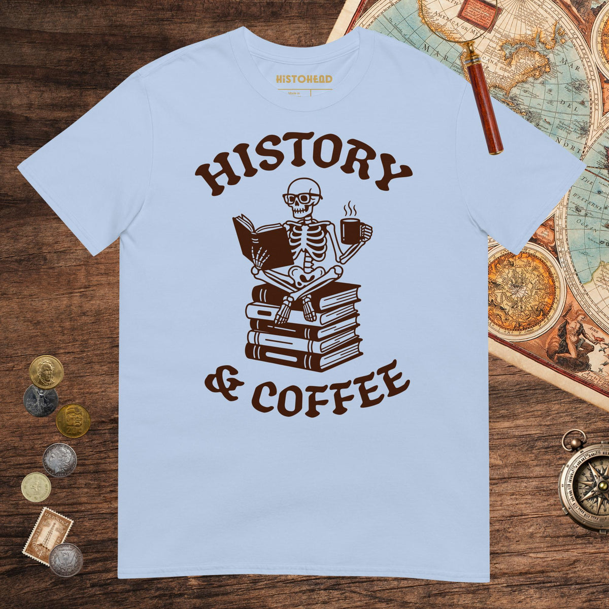 Light Blue History & Coffee Tee - history buff gift by HistoHead