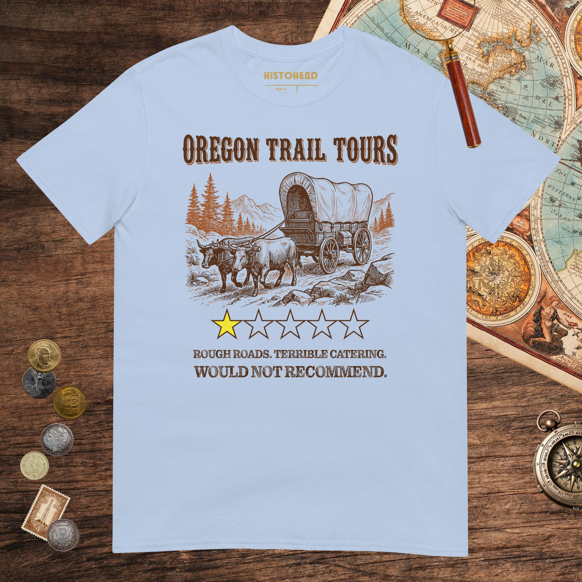 Light Blue Oregon Trail Tours Review Tee - history buff gift by HistoHead