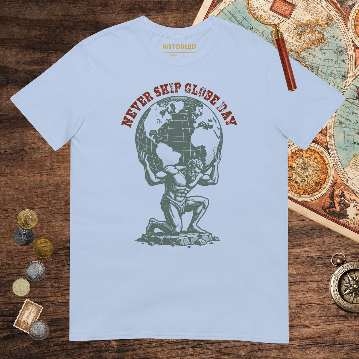 Light Blue Atlas Never Skip Globe Day Tee - history buff gift by HistoHead
