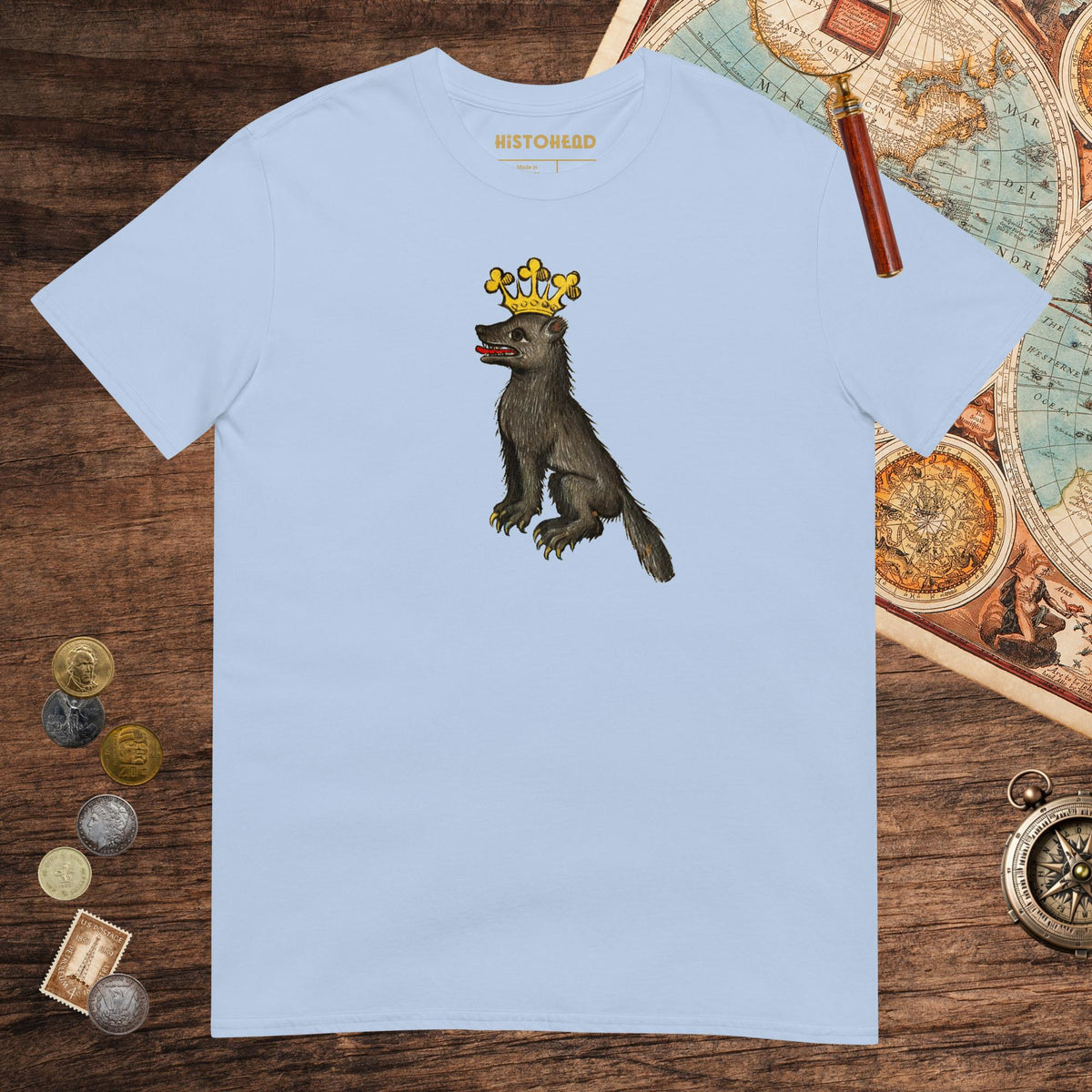Light Blue Medieval Wolf King Tee - history buff gift by HistoHead