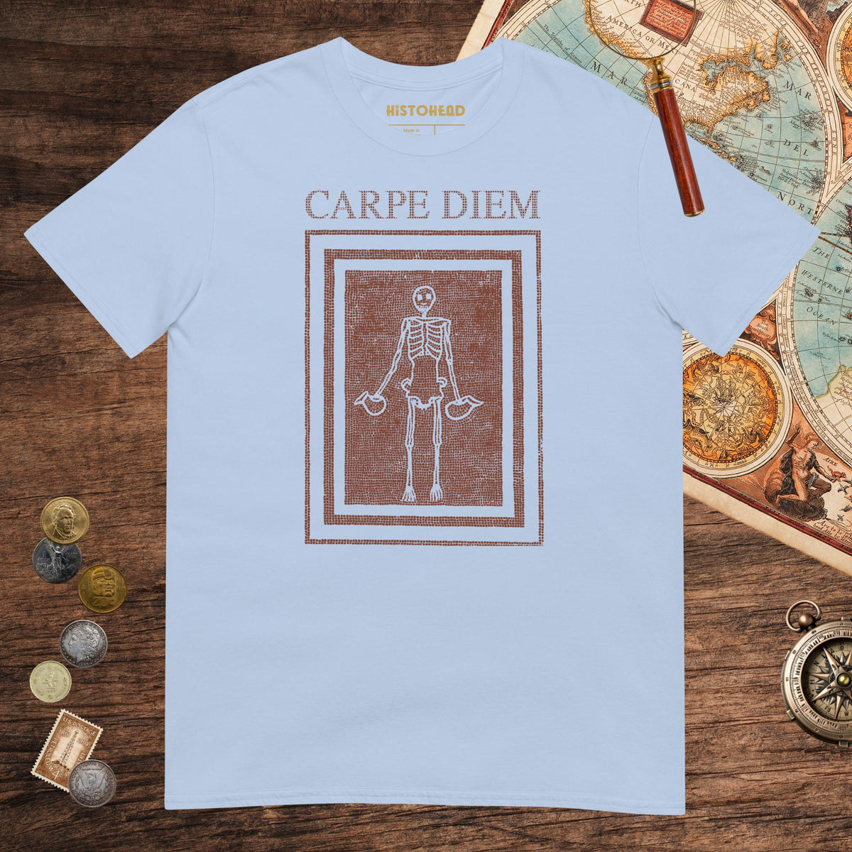 Light Blue Carpe Diem Skeleton Tee - history buff gift by HistoHead