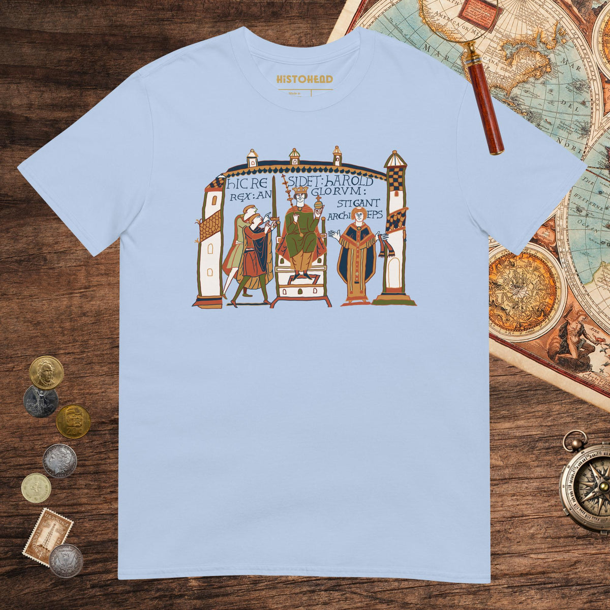 Light Blue Here Sits Throned Harold King of the English Bayeux Tapestry Tee - history buff gift by HistoHead