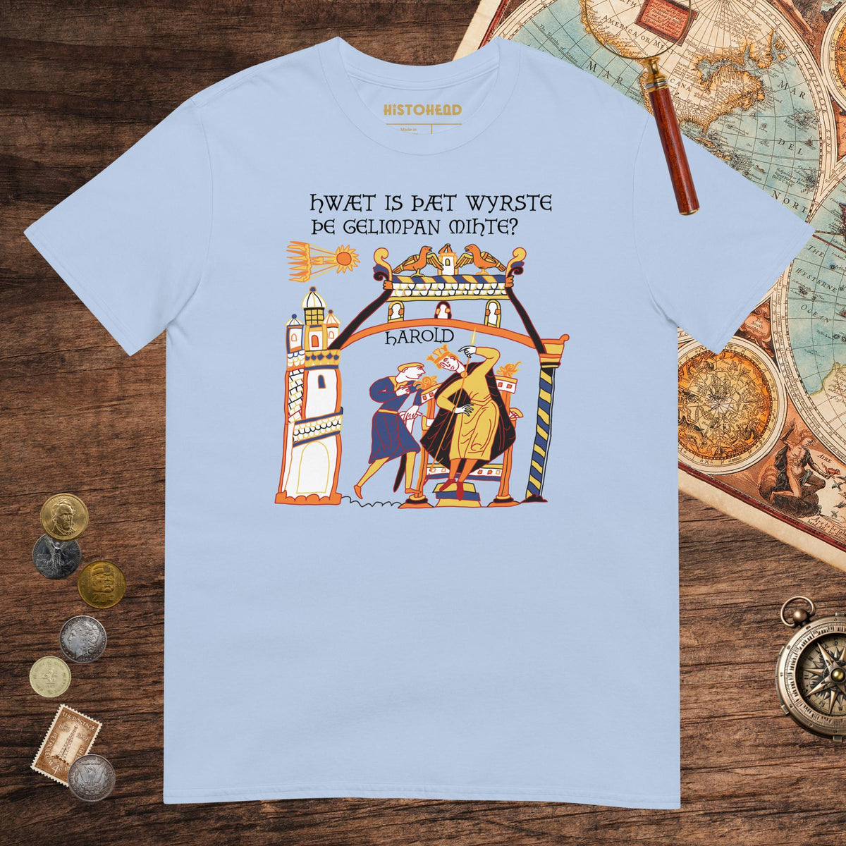 Light Blue Bayeux Tapestry What's the Worst That Could Happen in Old English Tee - history buff gift by HistoHead