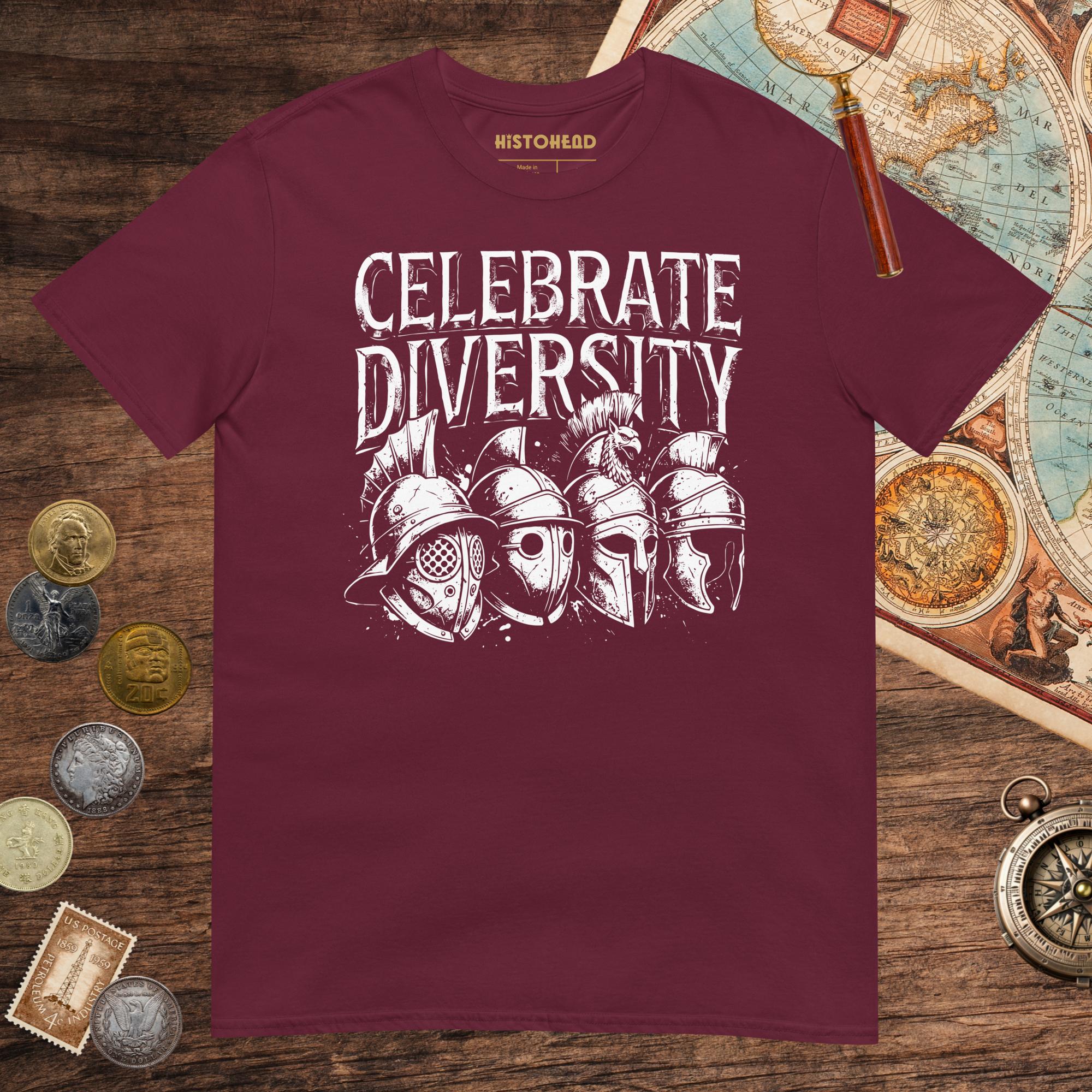 Maroon Celebrate Diversity Gladiator Helmets Edition Tee - history buff gift by HistoHead