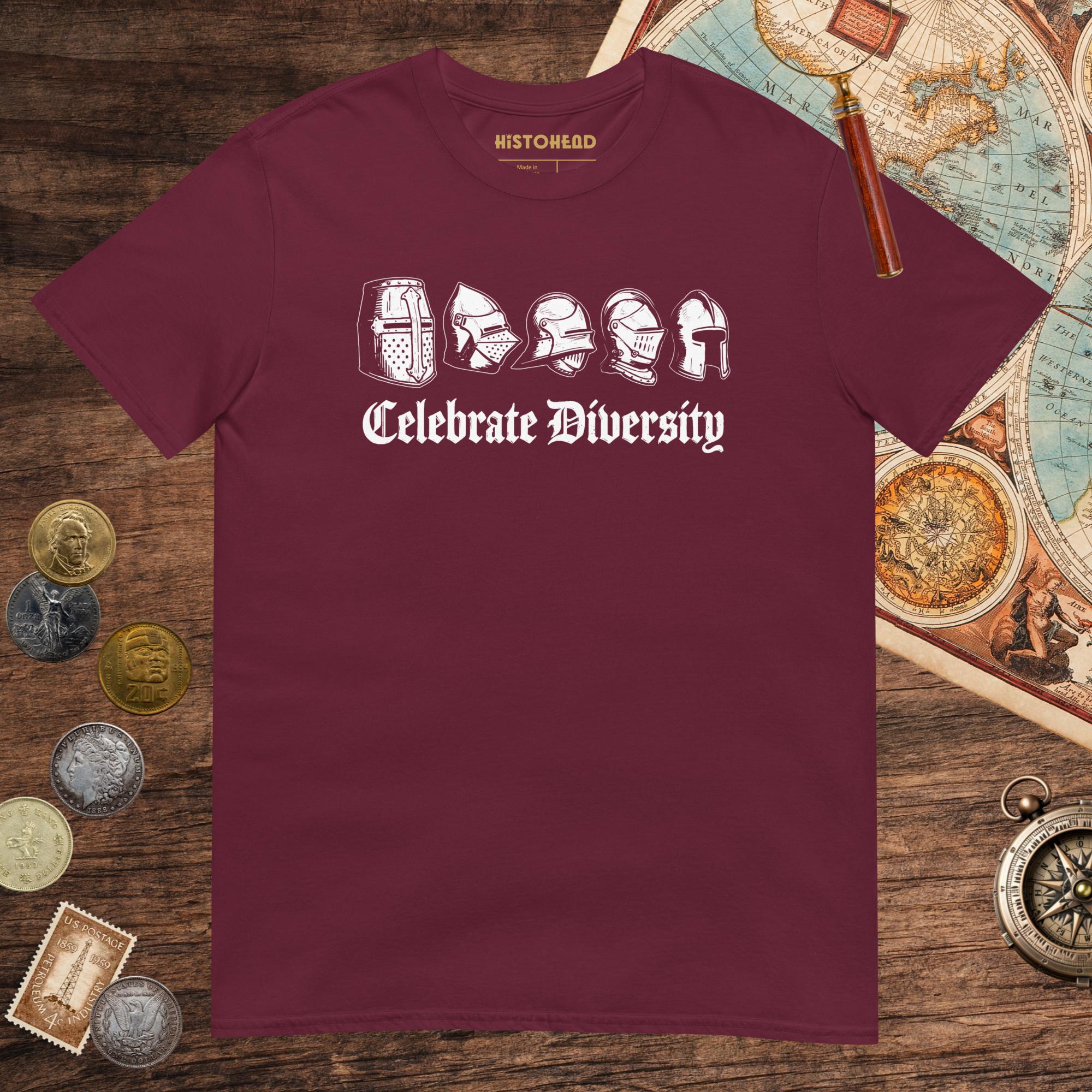 Maroon Celebrate Diversity Medieval Helmets Edition Tee - history buff gift by HistoHead