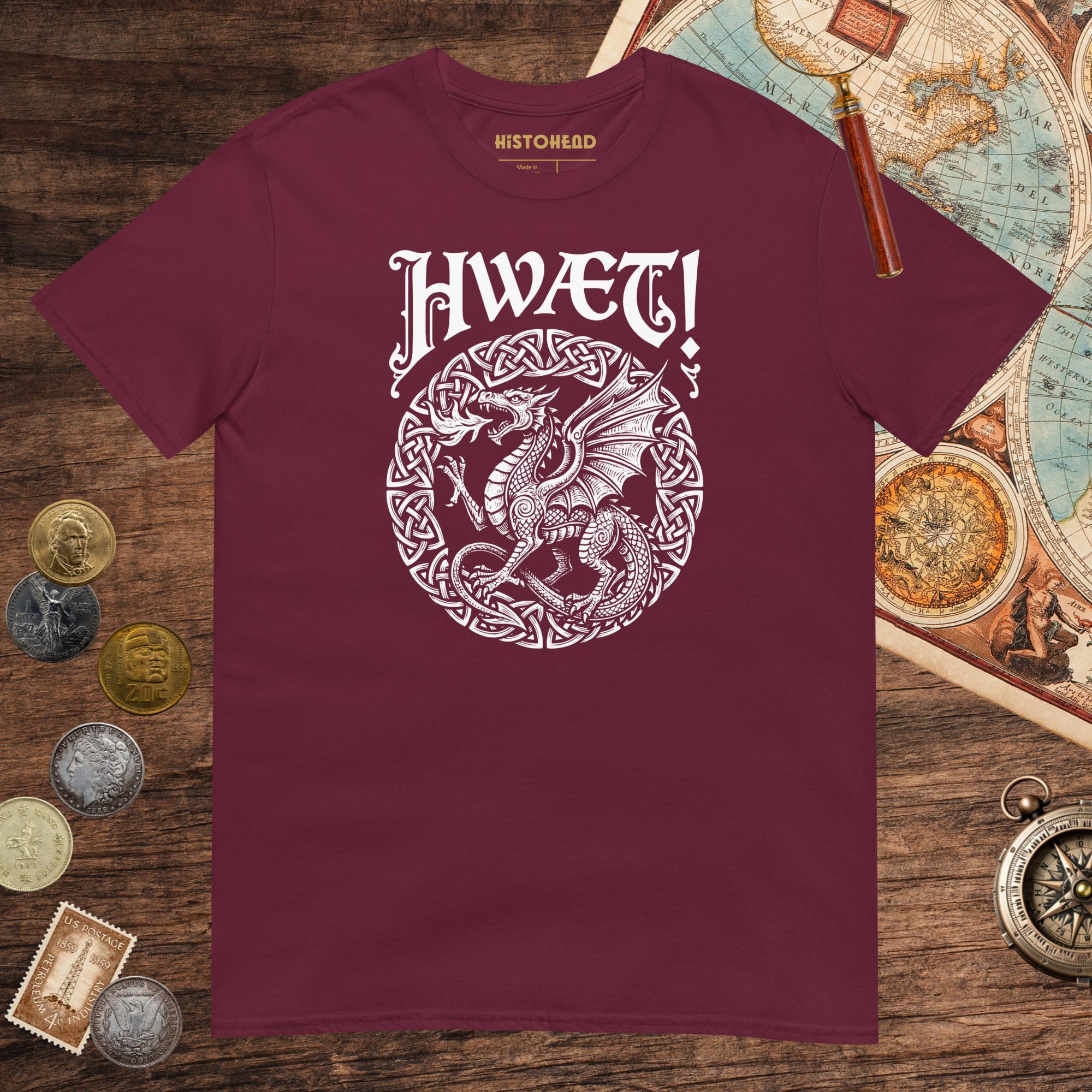 Maroon Hwæt Dragon Tee - history buff gift by HistoHead