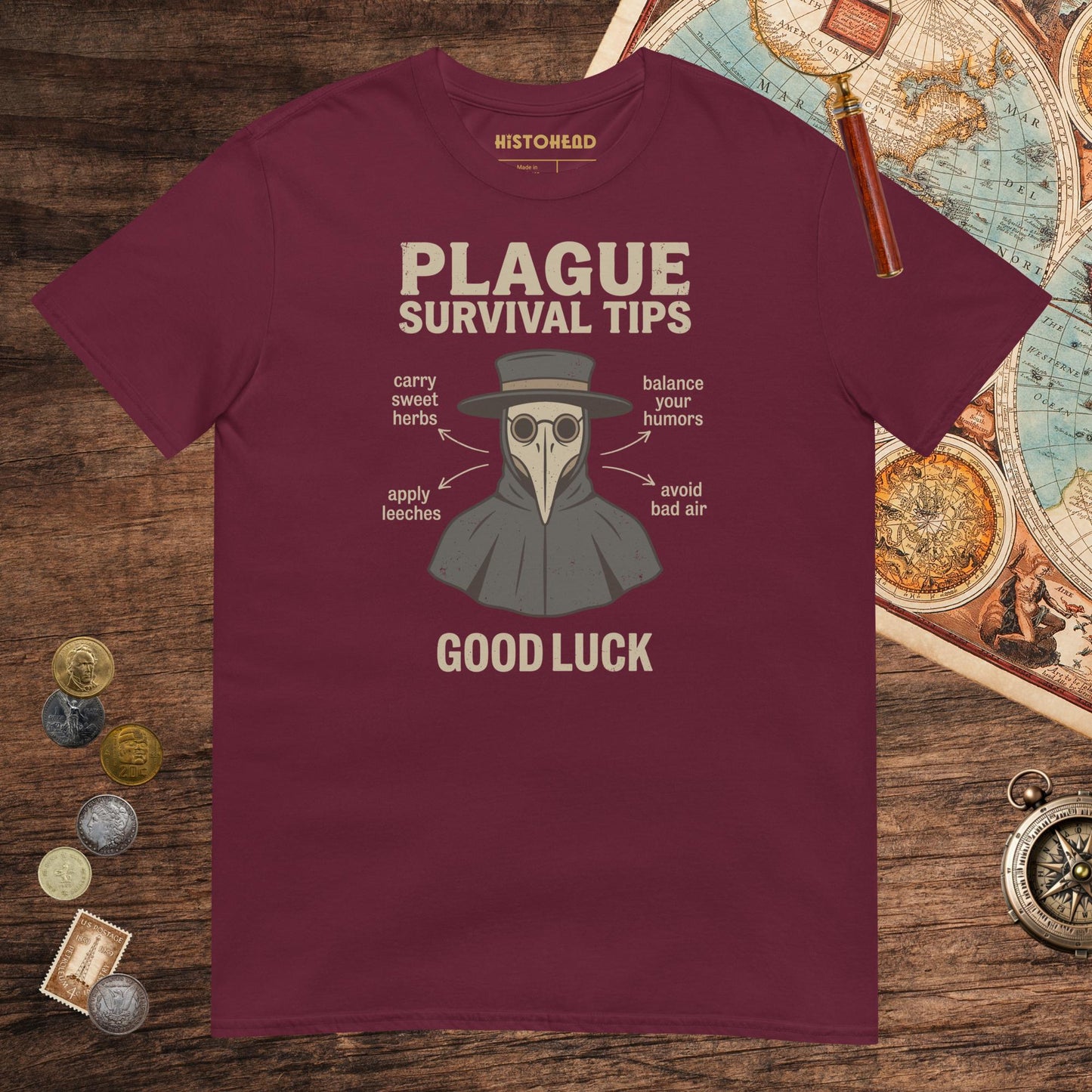 Maroon Plague Survival Tips Tee - history buff gift by HistoHead